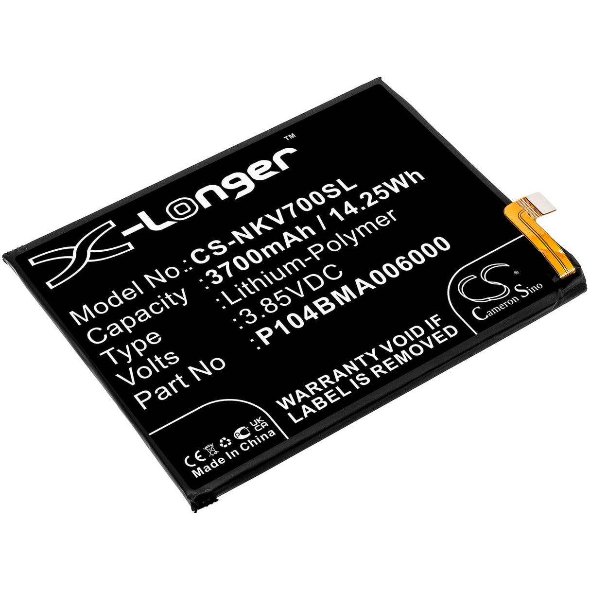 3.85V, Li-Polymer, 3700mAh, SmartPhone battery fits Nokia, P104bma006000, Ta-1322, Ta-1323, 14.25Wh Mobile, SmartPhone Cameron Sino Technology Limited (Smartphone)