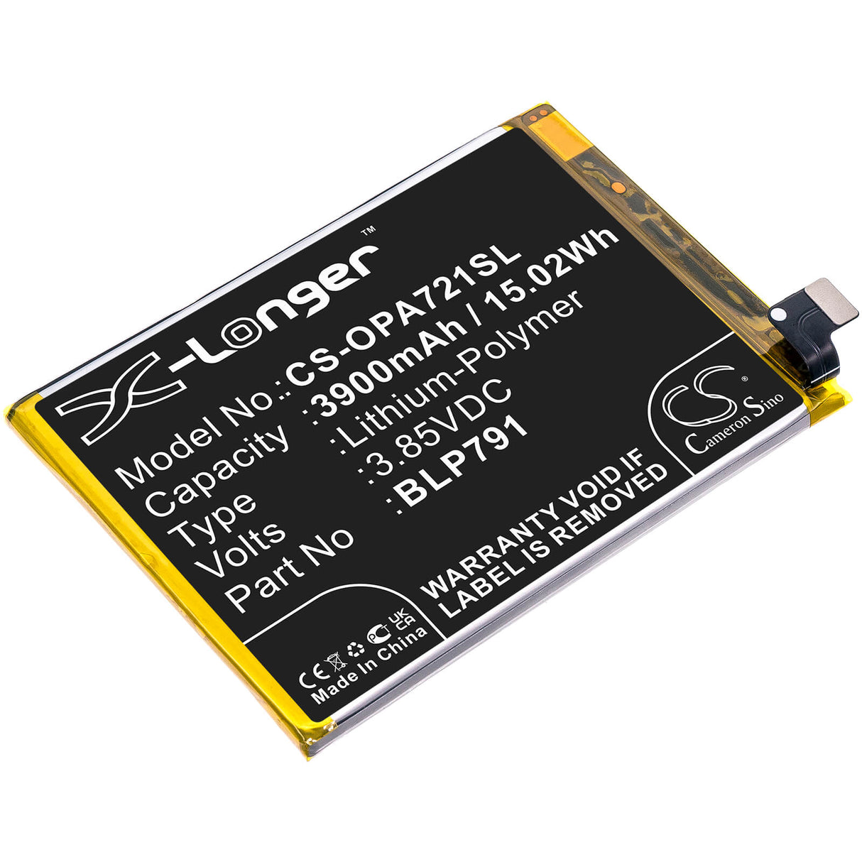 3.85V, Li-Polymer, 3900mAh, SmartPhone battery fits Oppo, Blp791, A72 5g 2020, A73 5g 2020, 15.02Wh Mobile, SmartPhone Cameron Sino Technology Limited (Smartphone)