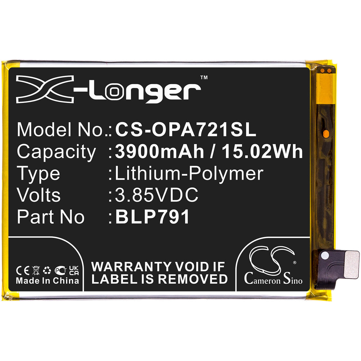 3.85V, Li-Polymer, 3900mAh, SmartPhone battery fits Oppo, Blp791, A72 5g 2020, A73 5g 2020, 15.02Wh Mobile, SmartPhone Cameron Sino Technology Limited (Smartphone)