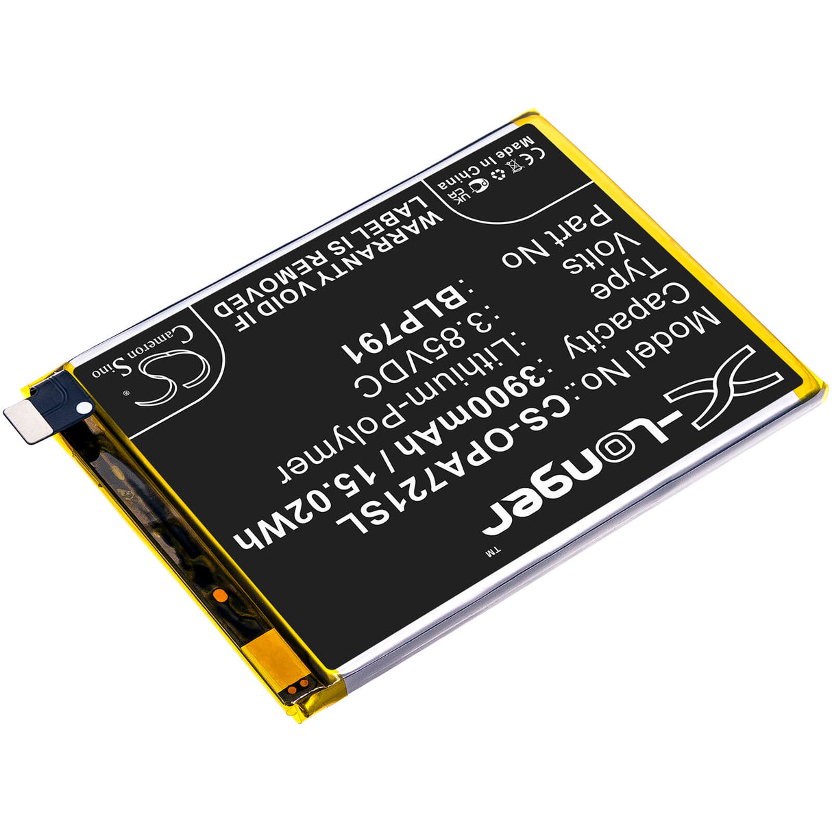 3.85V, Li-Polymer, 3900mAh, SmartPhone battery fits Oppo, Blp791, A72 5g 2020, A73 5g 2020, 15.02Wh Mobile, SmartPhone Cameron Sino Technology Limited (Smartphone)
