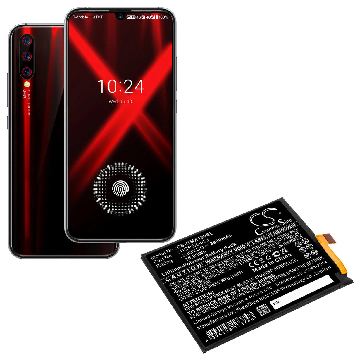 3.85V, Li-Polymer, 3900mAh, SmartPhone battery fits Umi, 1icp5/68/83, Umidigi X, 15.02Wh Mobile, SmartPhone Cameron Sino Technology Limited (Smartphone)