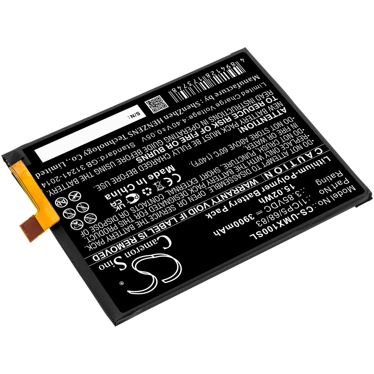 3.85V, Li-Polymer, 3900mAh, SmartPhone battery fits Umi, 1icp5/68/83, Umidigi X, 15.02Wh Mobile, SmartPhone Cameron Sino Technology Limited (Smartphone)