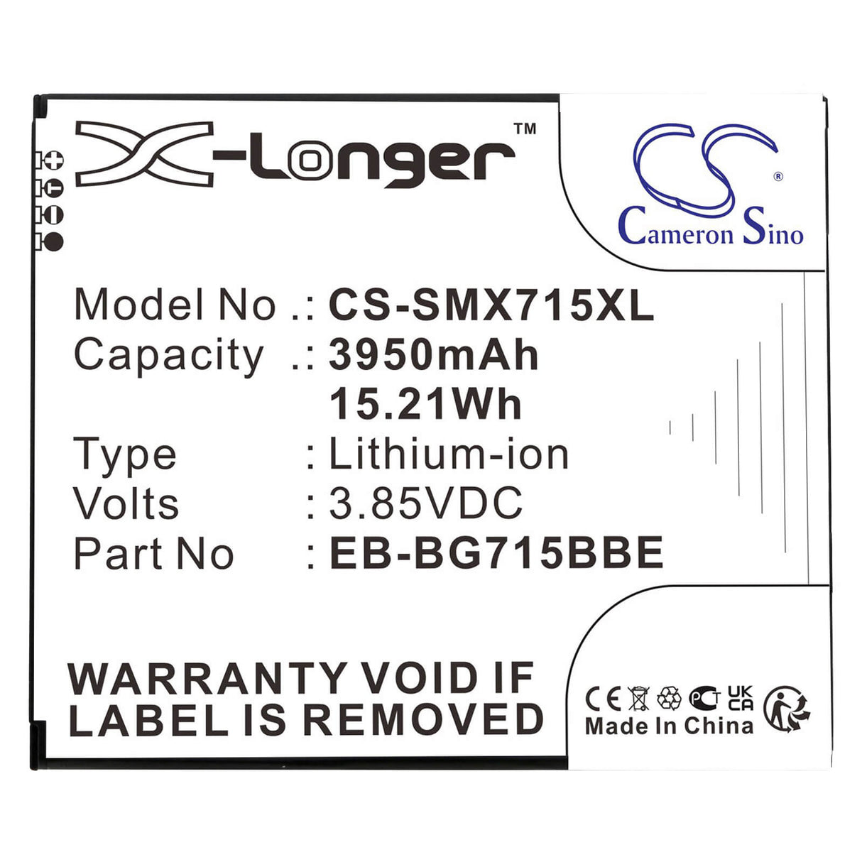 3.85V, Li-ion, 3950mAh, SmartPhone battery fits Samsung, Eb-bg715bbe, Galaxy Xcover Pro, Sm-g715, 15.21Wh Mobile, SmartPhone Cameron Sino Technology Limited (Smartphone)