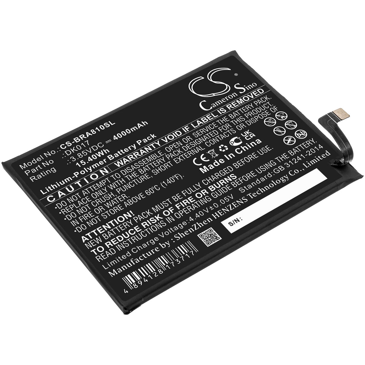 3.85V, Li-Polymer, 4000mAh, SmartPhone battery fits Blackview, Dk017, A80 Pro, 15.4Wh Mobile, SmartPhone Cameron Sino Technology Limited (Smartphone)