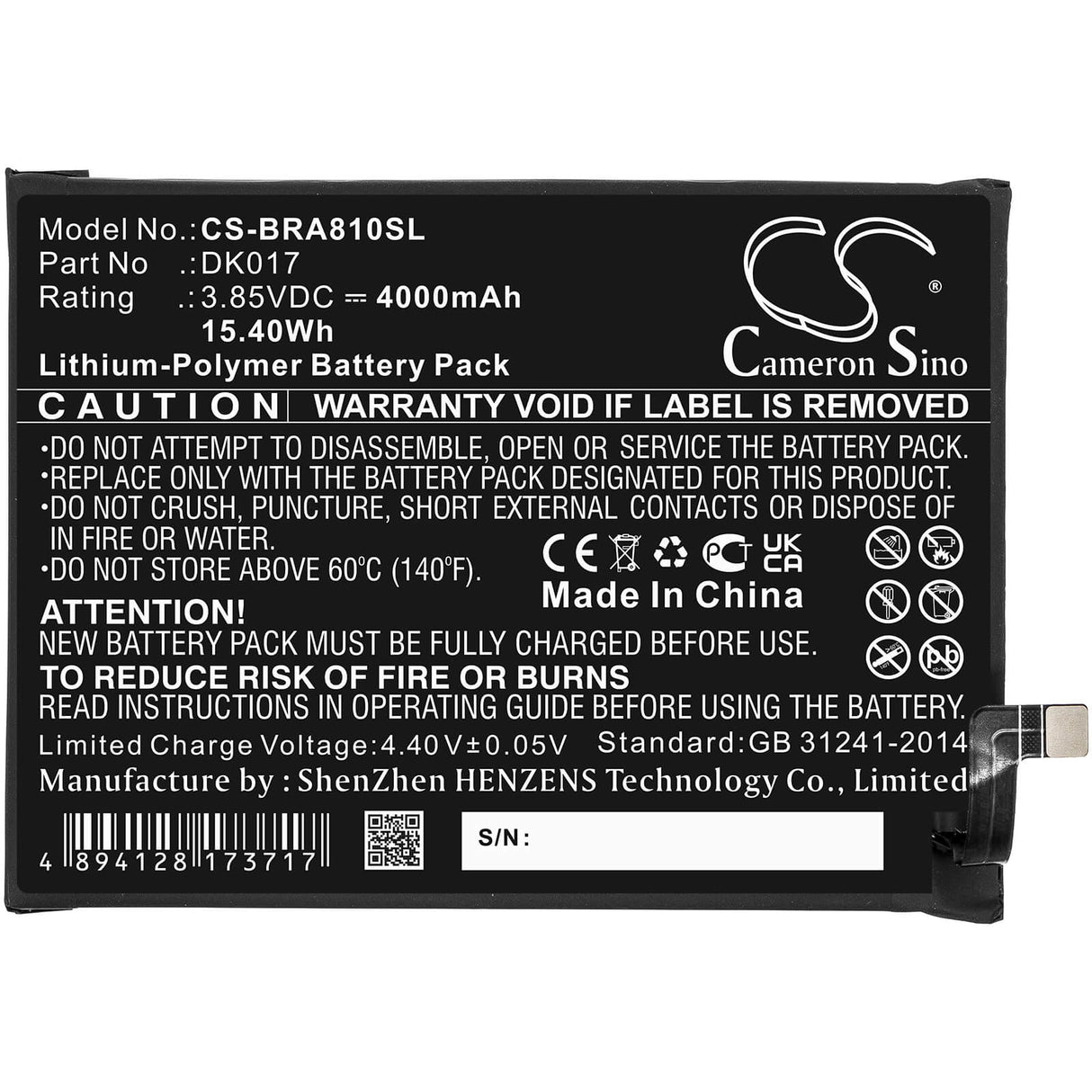 3.85V, Li-Polymer, 4000mAh, SmartPhone battery fits Blackview, Dk017, A80 Pro, 15.4Wh Mobile, SmartPhone Cameron Sino Technology Limited (Smartphone)