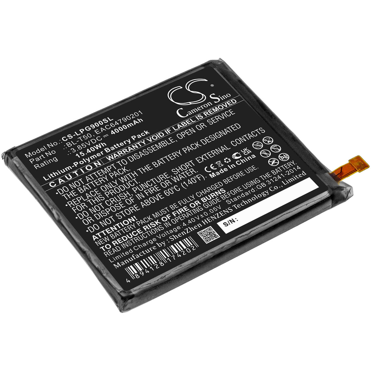 3.85V, Li-Polymer, 4000mAh, SmartPhone battery fits Lg, Bl-t50, G900b, G900em, 15.4Wh Mobile, SmartPhone Cameron Sino Technology Limited (Smartphone)