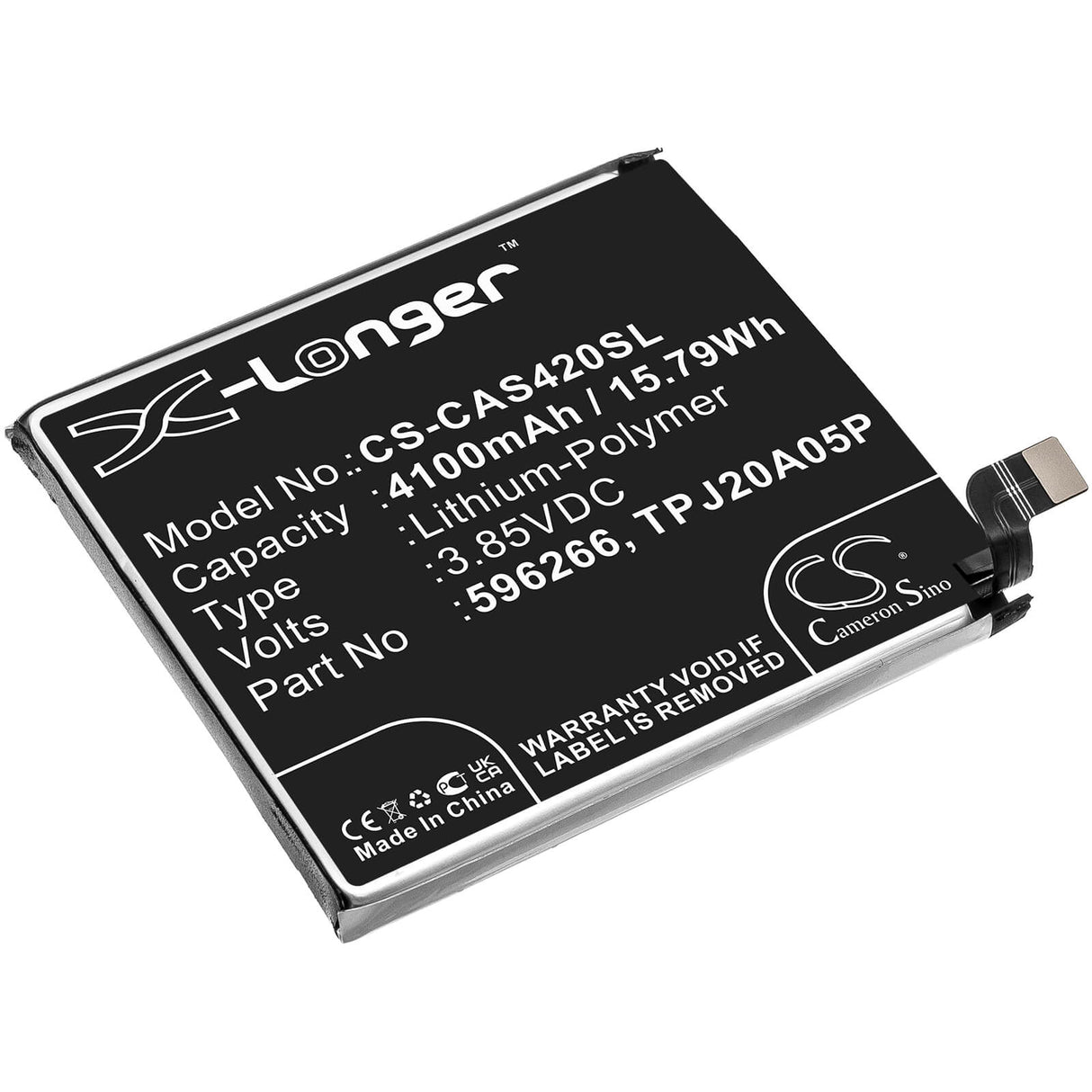 3.85V, Li-Polymer, 4100mAh, SmartPhone battery fits Cat, Caterpillar, 596266, S32, S42, 15.79Wh Mobile, SmartPhone Cameron Sino Technology Limited (Smartphone)