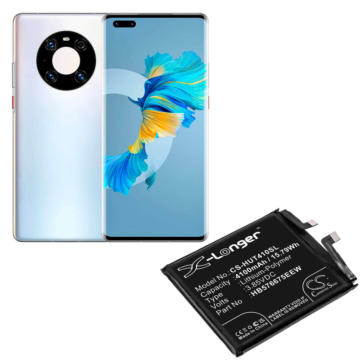 3.85V, Li-Polymer, 4100mAh, SmartPhone battery fits Huawei, Hb576675eew, Mate 40 Pro, Noh-an00, 15.79Wh Mobile, SmartPhone Cameron Sino Technology Limited (Smartphone)