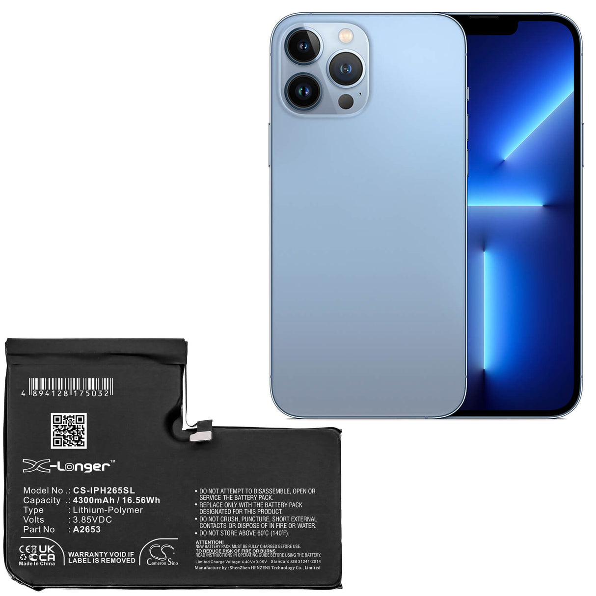 3.85V, Li-Polymer, 4300mAh, SmartPhone battery fits Apple, A2653, A2645, Iphone 13 Pro Max, 16.56Wh Mobile, SmartPhone Cameron Sino Technology Limited (Smartphone)