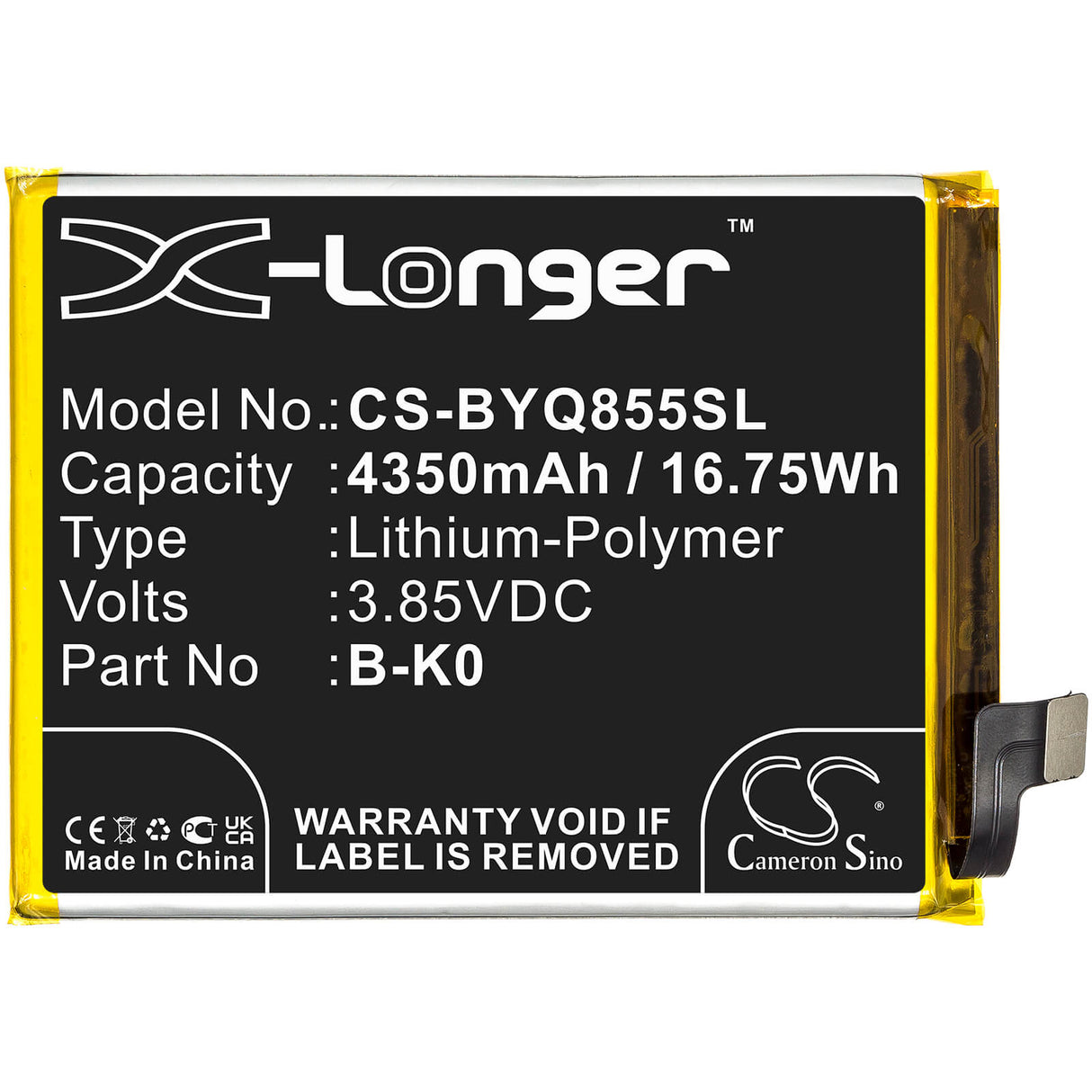 3.85V, Li-Polymer, 4350mAh, SmartPhone battery fits Vivo, B-k0, Iqoo Neo 855, V1936, 16.75Wh Mobile, SmartPhone Cameron Sino Technology Limited (Smartphone)