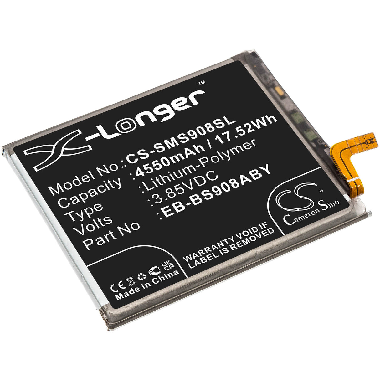 3.85V, Li-Polymer, 4550mAh, SmartPhone battery fits Samsung, Eb-bs908aby, Galaxy S22 Ultra 5g, Sm-s906w, 17.52Wh Mobile, SmartPhone Cameron Sino Technology Limited (Smartphone)