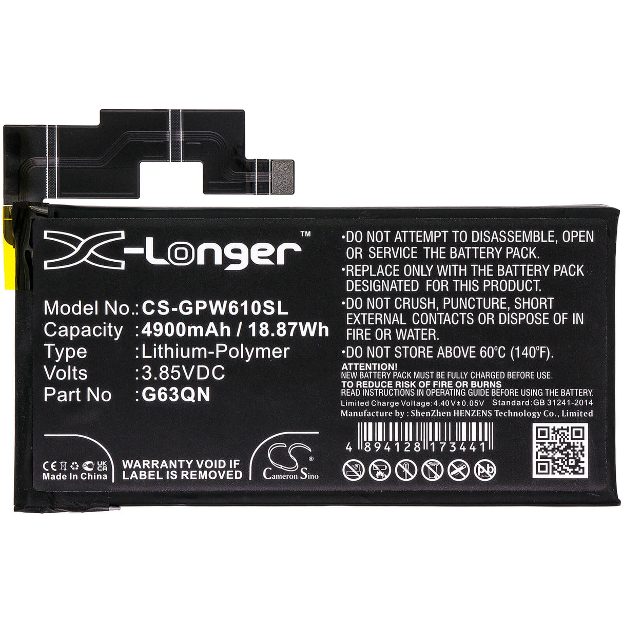 3.85V, Li-Polymer, 4900mAh, SmartPhone battery fits Google, G63qn, G8vou, Gf5kq, 18.87Wh Mobile, SmartPhone Cameron Sino Technology Limited (Smartphone)