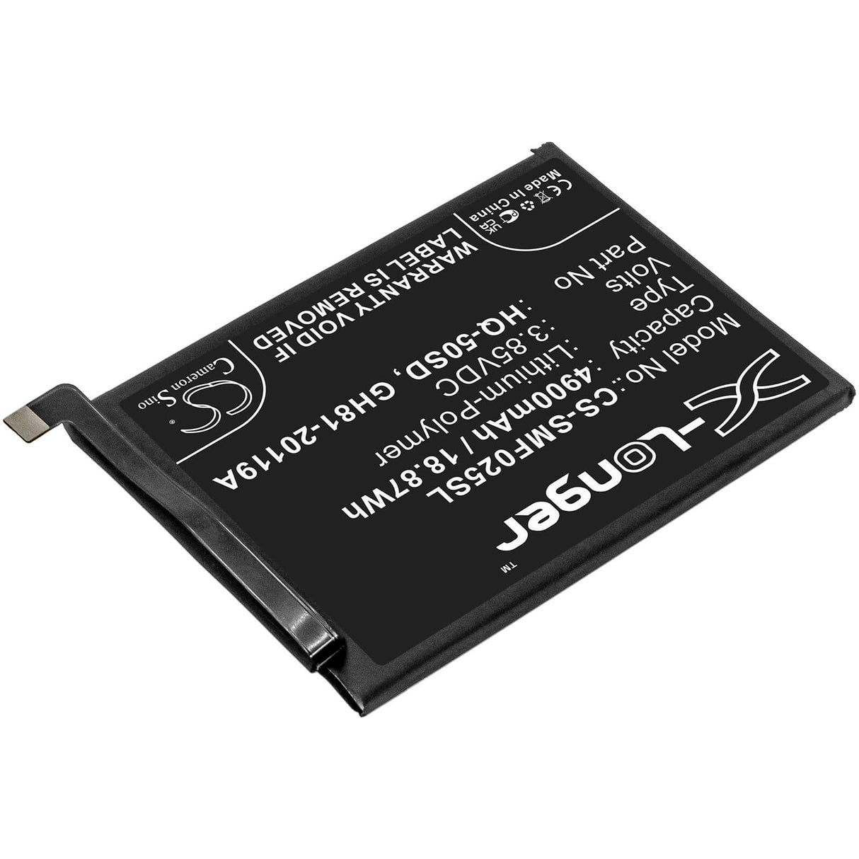 3.85V, Li-Polymer, 4900mAh, SmartPhone battery fits Samsung, Gh81-20119a, Galaxy A02s, Galaxy A02s 2020, 18.87Wh Mobile, SmartPhone Cameron Sino Technology Limited (Smartphone)