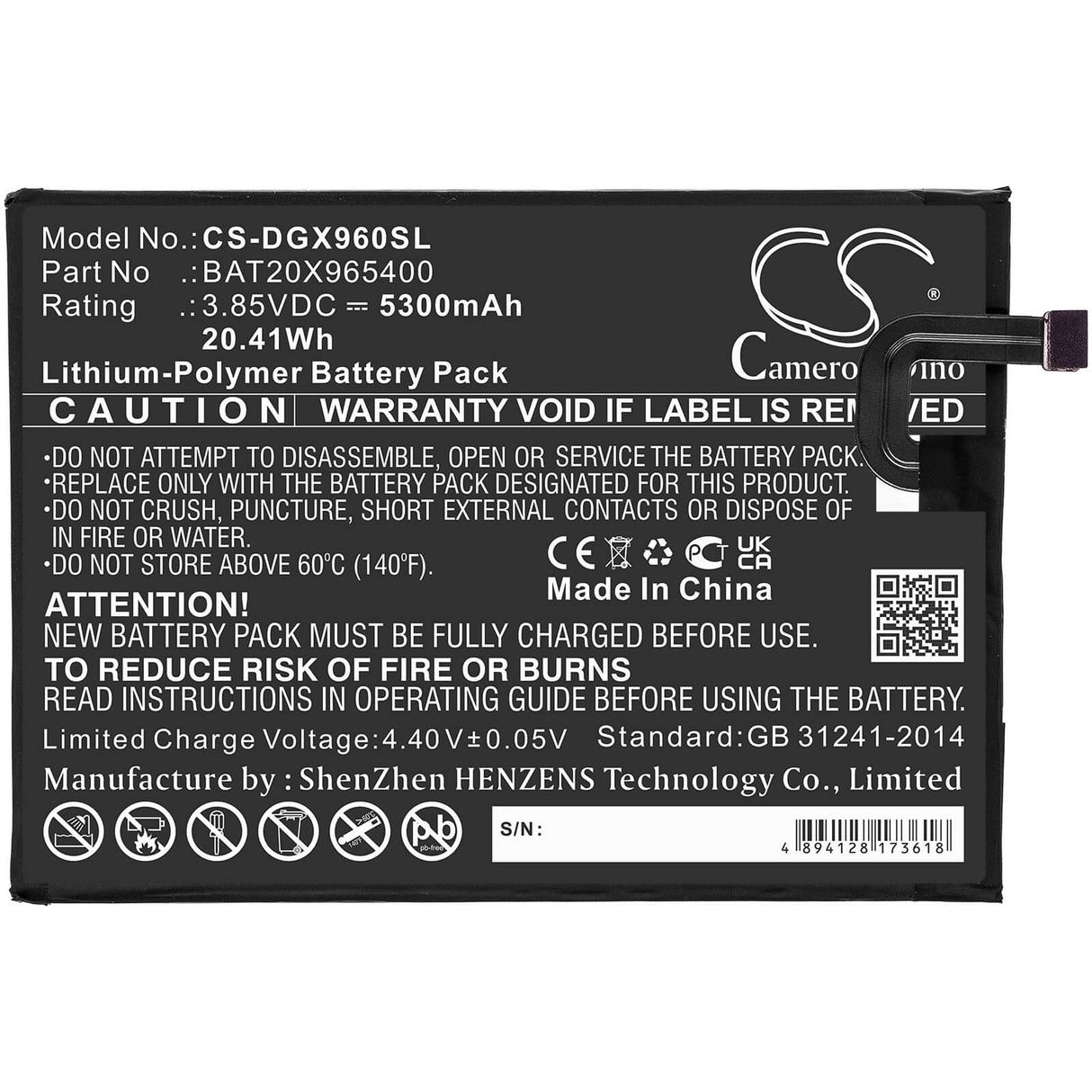 3,85v, 5300mah, batterie Li-polymère compatible avec Doogee, X96, 20,41wh Batteries pour l'électronique Cameron Sino Technology Limited (Suspendu)