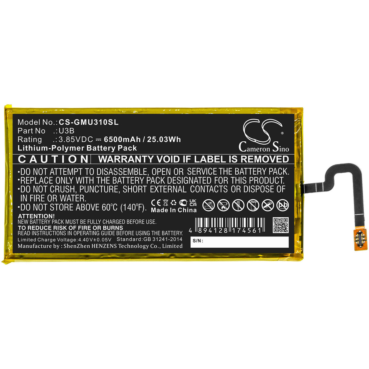 3,85V, Li-Polymer, 6500mAh, batterie Hotspot compatible avec Glocalme, U3b, 25,03Wh Hotspot Cameron Sino Technology Limited