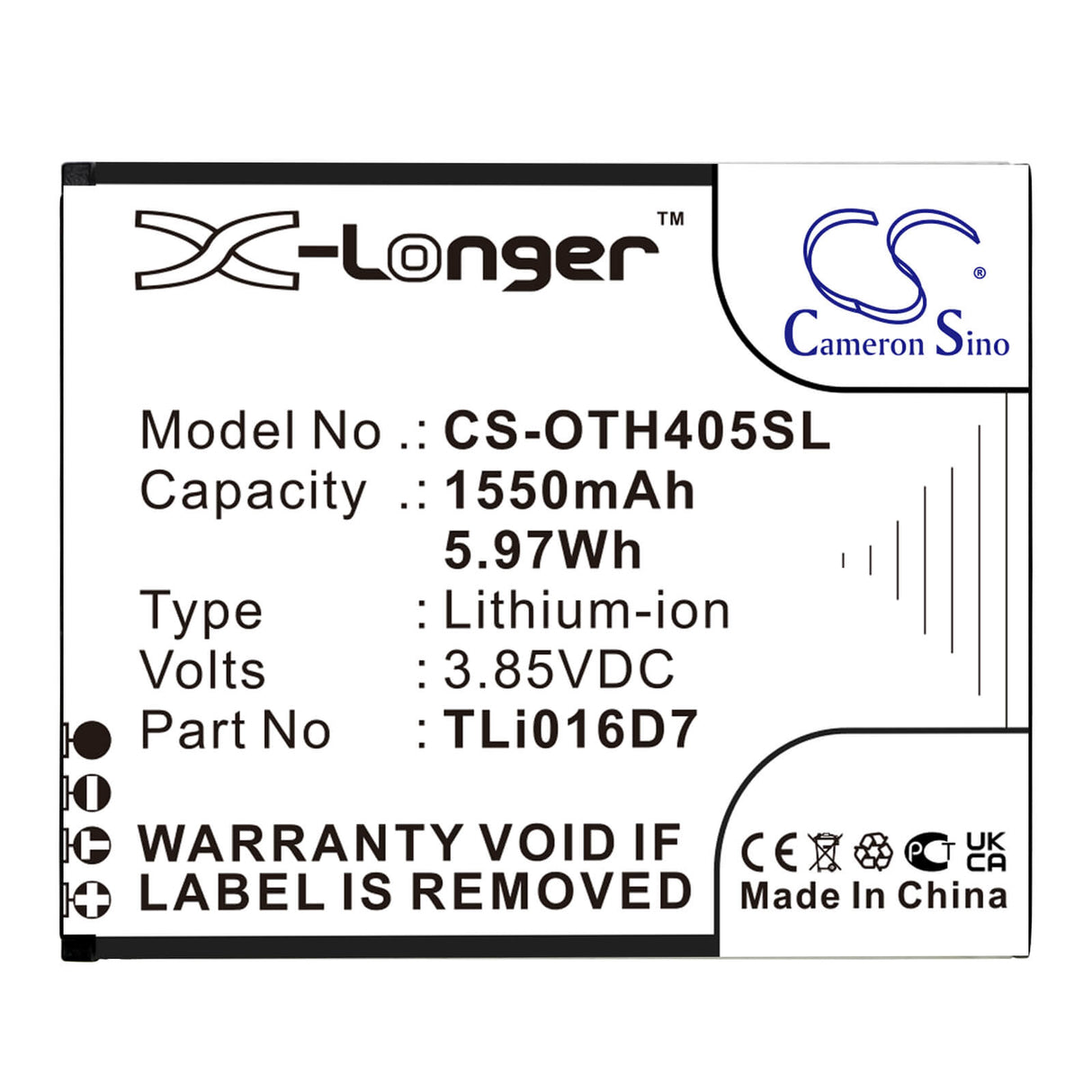 3,85V, Li-ion, 1550mAh, batterie de smartphone compatible avec Alcatel, Tli016d7, Ot-4055j, Ot-4055u, 5,97Wh Mobile, Smartphone Cameron Sino Technology Limited (Smartphone)