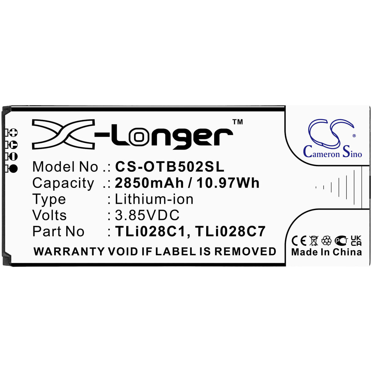 3.85V, Li-ion, 2850mAh, SmartPhone battery fits At&t, Alcatel, Tli028c1, 1b 2020, Ot-5002a, 10.97Wh Mobile, SmartPhone Cameron Sino Technology Limited (Smartphone)