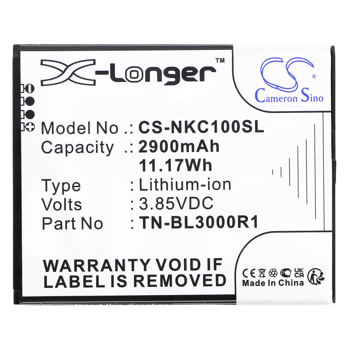 3.85V, Li-ion, 2900mAh, SmartPhone battery fits Nokia, Tn-bl3000r1, C100, C100 2022, 11.17Wh Mobile, SmartPhone Cameron Sino Technology Limited (Smartphone)