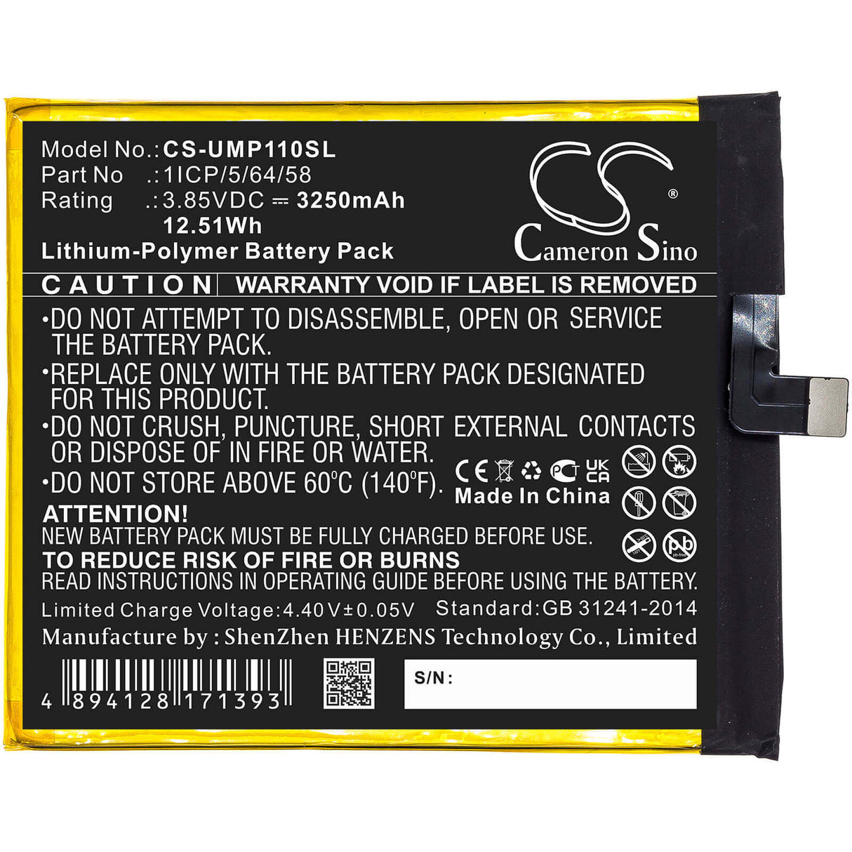 3.85V, Li-Polymer, 3250mAh, SmartPhone battery fits Umi, 1icp/5/64/58, Umidigi One Pro, 12.51Wh Mobile, SmartPhone Cameron Sino Technology Limited (Smartphone)