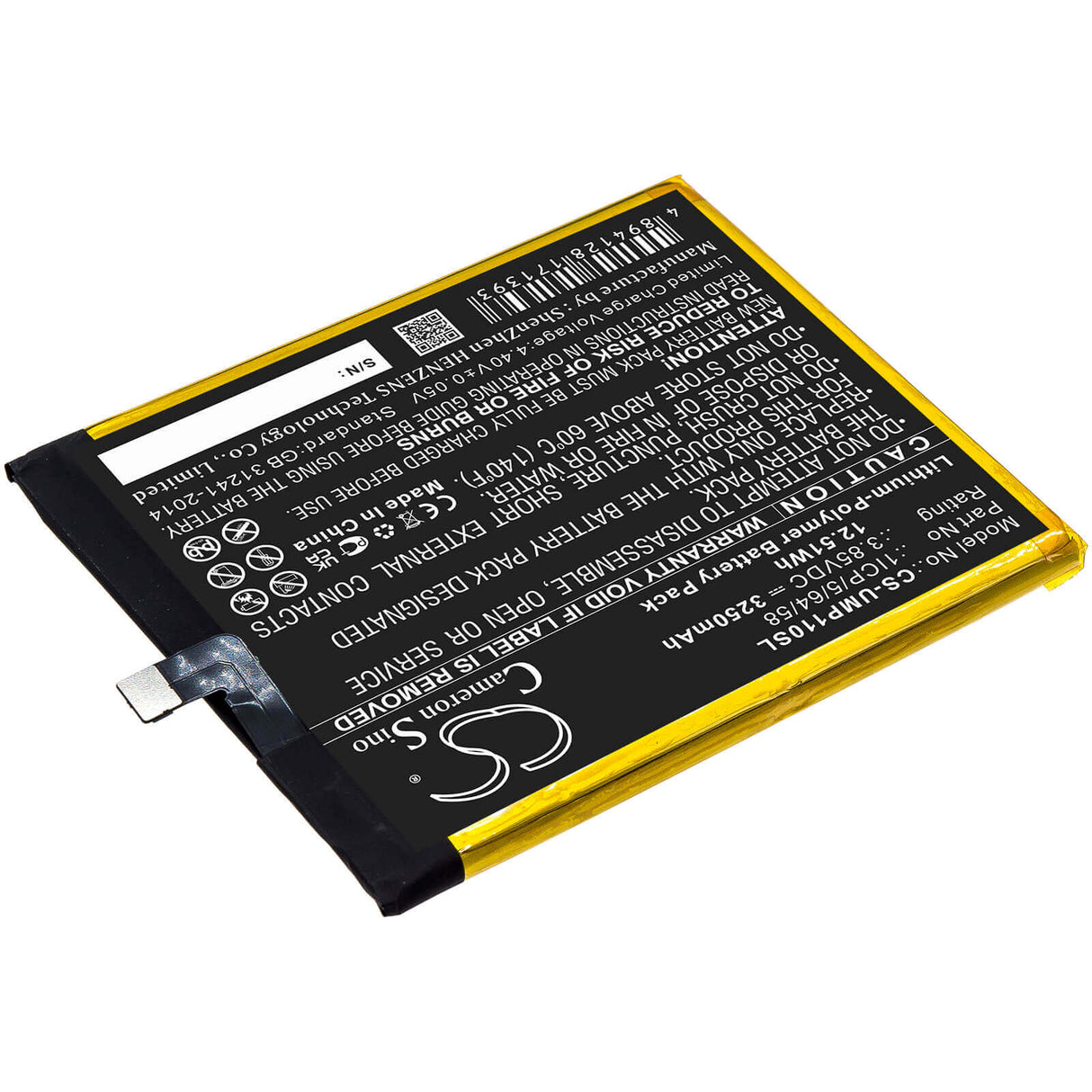 3.85V, Li-Polymer, 3250mAh, SmartPhone battery fits Umi, 1icp/5/64/58, Umidigi One Pro, 12.51Wh Mobile, SmartPhone Cameron Sino Technology Limited (Smartphone)