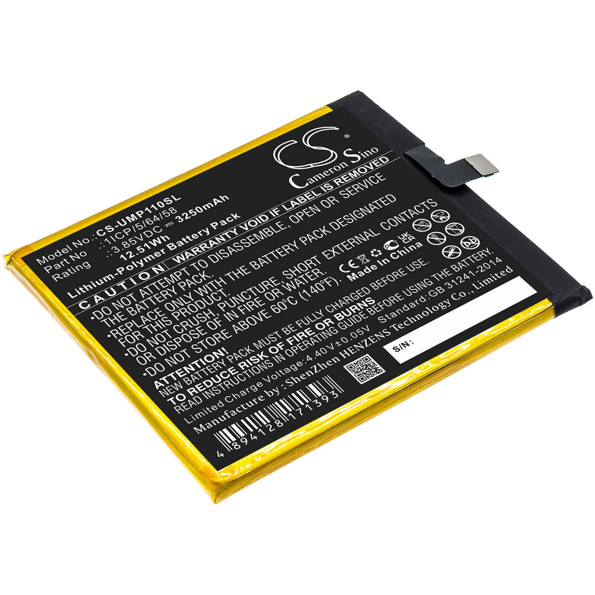 3.85V, Li-Polymer, 3250mAh, SmartPhone battery fits Umi, 1icp/5/64/58, Umidigi One Pro, 12.51Wh Mobile, SmartPhone Cameron Sino Technology Limited (Smartphone)