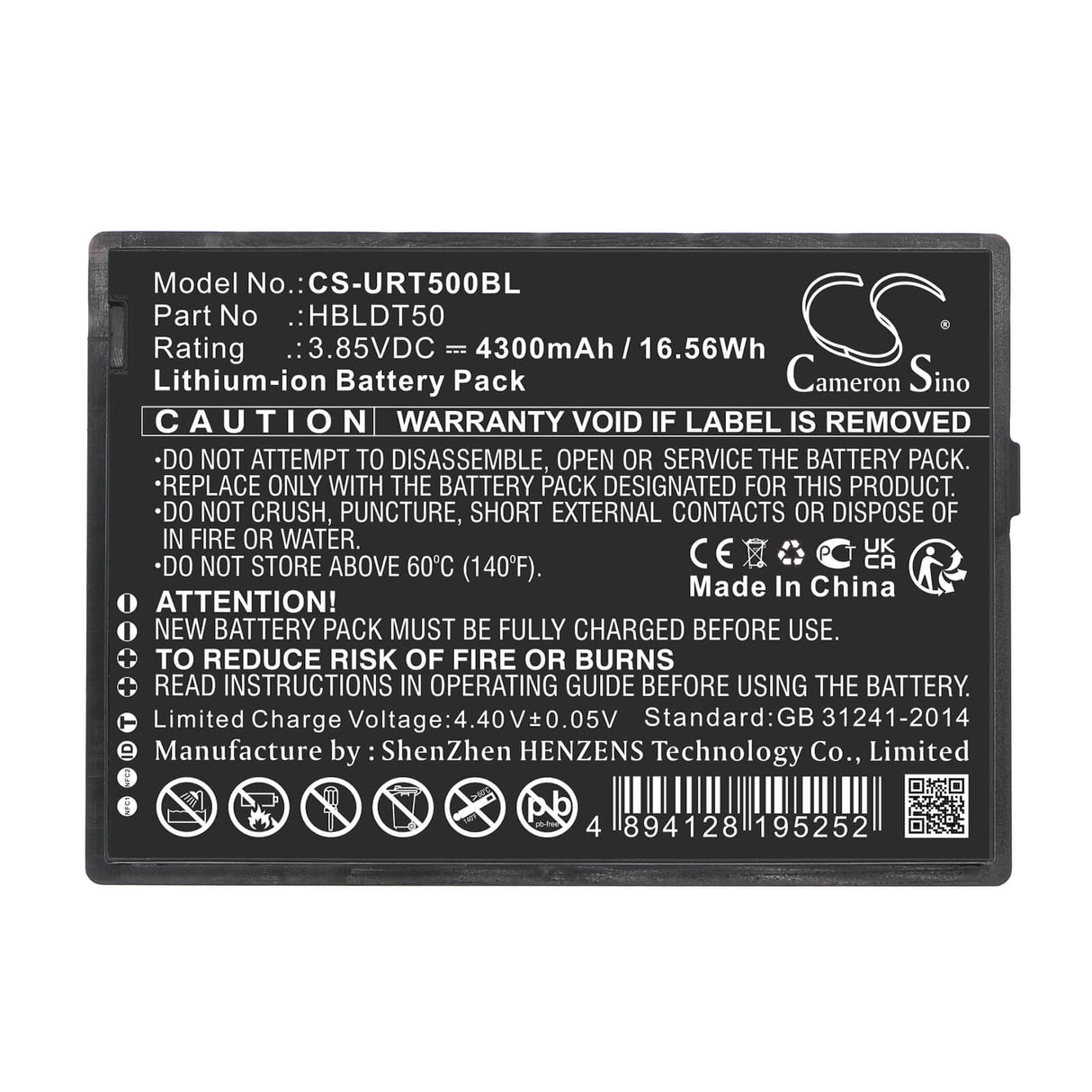 3,85v, Li-ion, 4300mah, Batterie de scanner de codes-barres compatible avec Urovo, Dt50, 16,56wh Scanner de codes-barres Cameron Sino Technology Limited