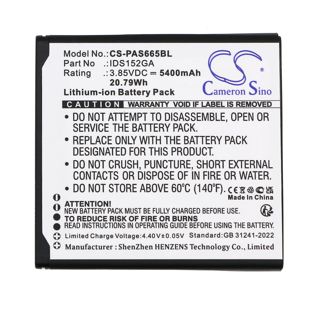 3,85V, Li-ion, 5400mAh, batterie de terminal de paiement compatible Pax, Ids152ga, 20,79Wh Terminal de paiement Cameron Sino Technology Limited