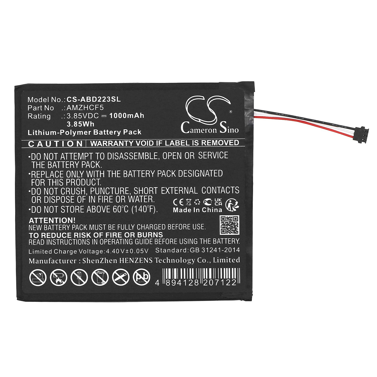 3.85V, Li-Polymer, 1000mAh E-book, E-reader Battery fits Amazon, C2v2l3, Kindle 11th 2022, 3.85Wh E-book, E-reader Cameron Sino Technology Limited