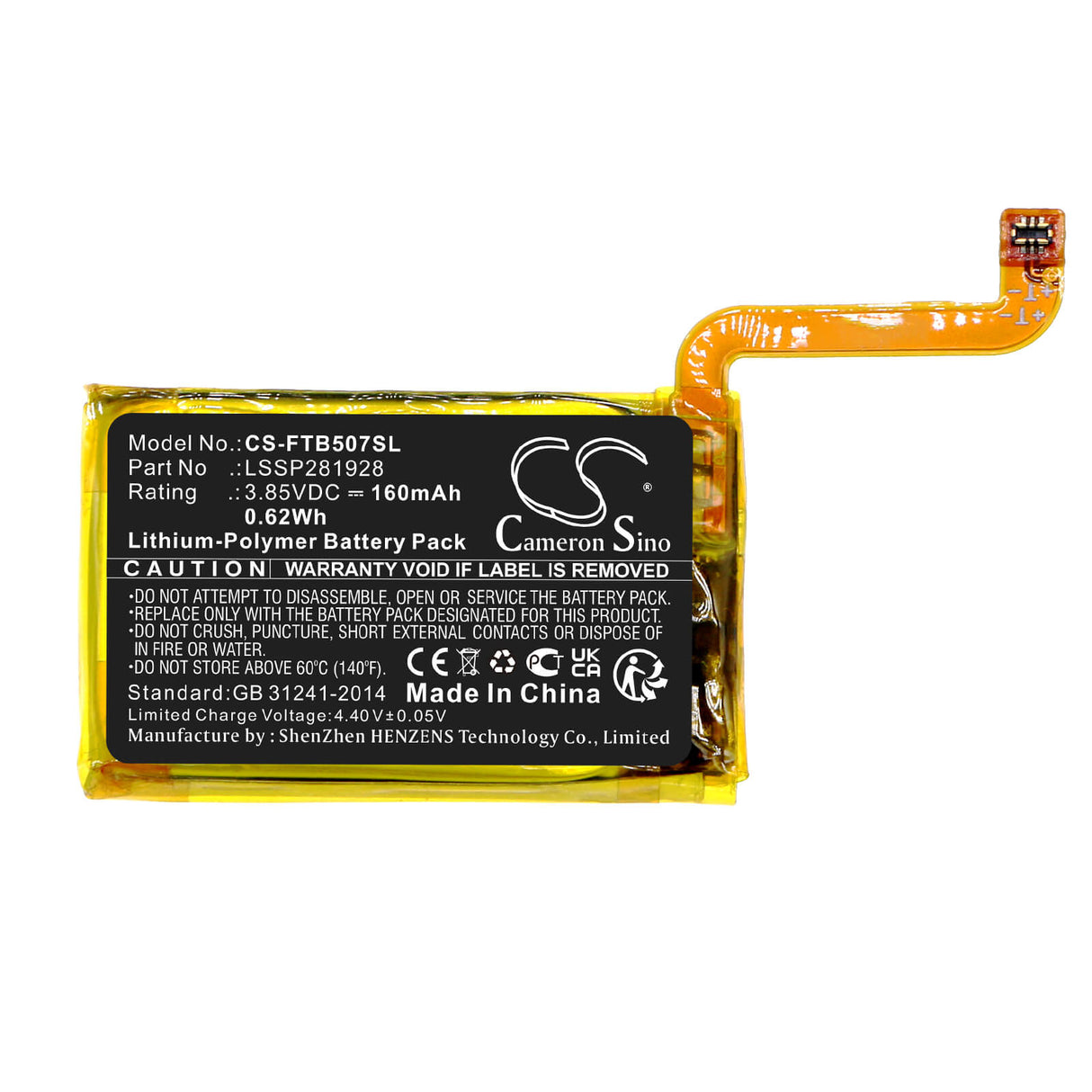 3.85V, Li-Polymer, 160mAh, Smartwatch battery fits Fitbit, Lssp281928, Fb507, Versa 2, 0.62Wh Smartwatch Cameron Sino Technology Limited