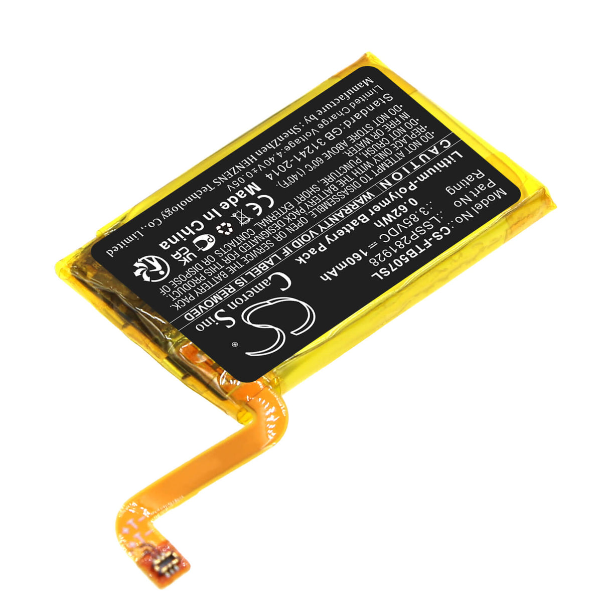 3.85V, Li-Polymer, 160mAh, Smartwatch battery fits Fitbit, Lssp281928, Fb507, Versa 2, 0.62Wh Smartwatch Cameron Sino Technology Limited