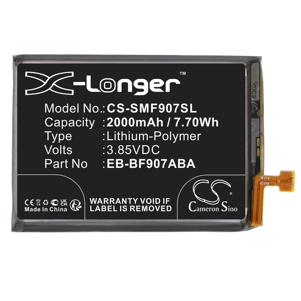 3.85V, Li-Polymer, 2000mAh, SmartPhone battery fits Samsung, Eb-bf907aba, Galaxy Fold 5g, Sm-f907b, 7.7Wh Mobile, SmartPhone Cameron Sino Technology Limited (Smartphone)
