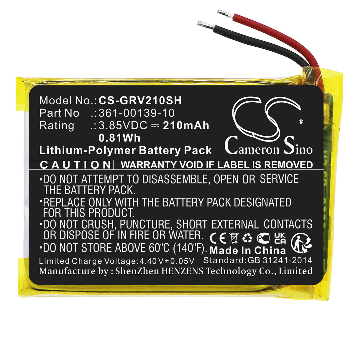 3.85V, Li-Polymer, 210mAh, Smartwatch battery fits Garmin, 361-00139-10, Venu 2, 0.81Wh Smartwatch Cameron Sino Technology Limited