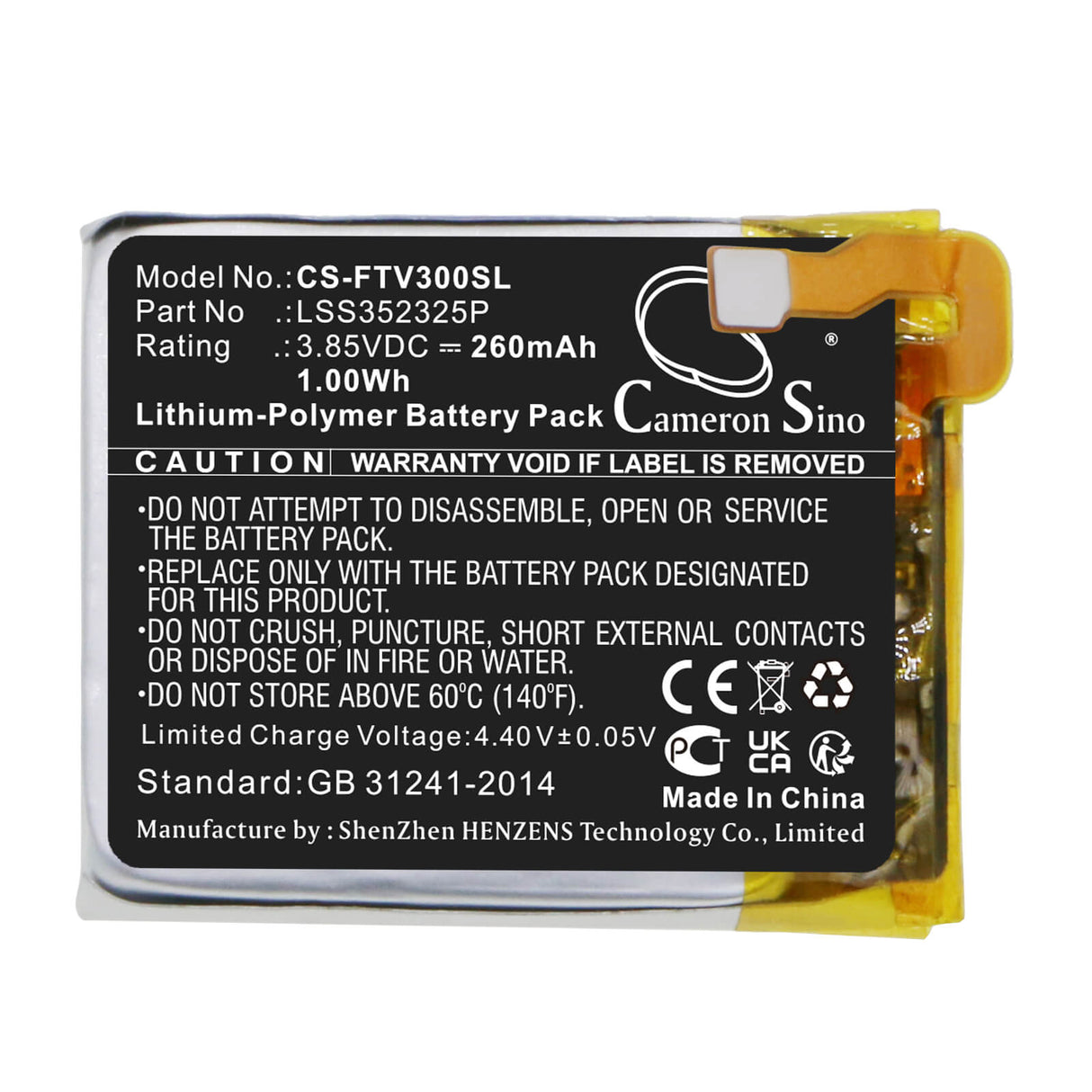 3.85V, Li-Polymer, 260mAh, Smartwatch battery fits Fitbit, Lss352325p, Versa 3, 1.00Wh Smartwatch Cameron Sino Technology Limited