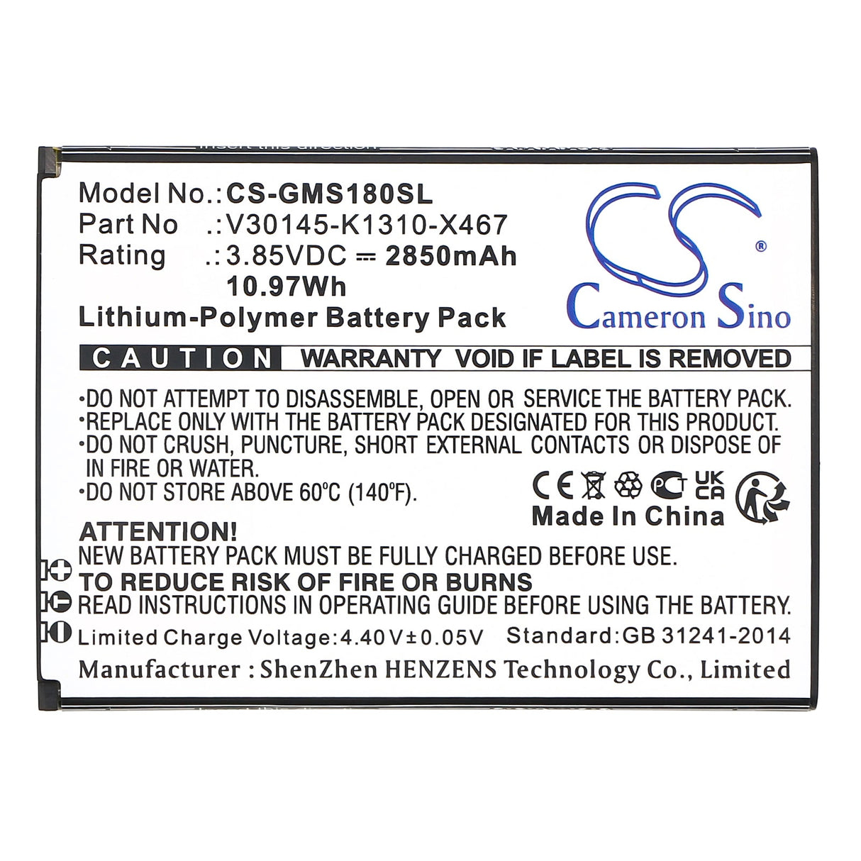 3.85V, Li-Polymère, 2850mAh, batterie de smartphone compatible Gigaset, V30145-k1310-x467, Gs180, 10.97Wh Mobile, Smartphone Cameron Sino Technology Limited (Smartphone)