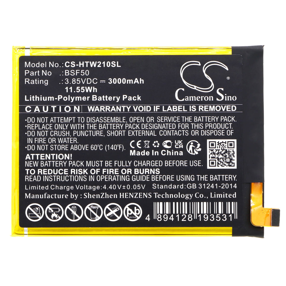 3.85V, Li-Polymer, 3000mAh, batterie de smartphone compatible avec Htc, Bsf50, Wildfire E Lite, 11.55Wh Mobile, Smartphone Cameron Sino Technology Limited (Smartphone)