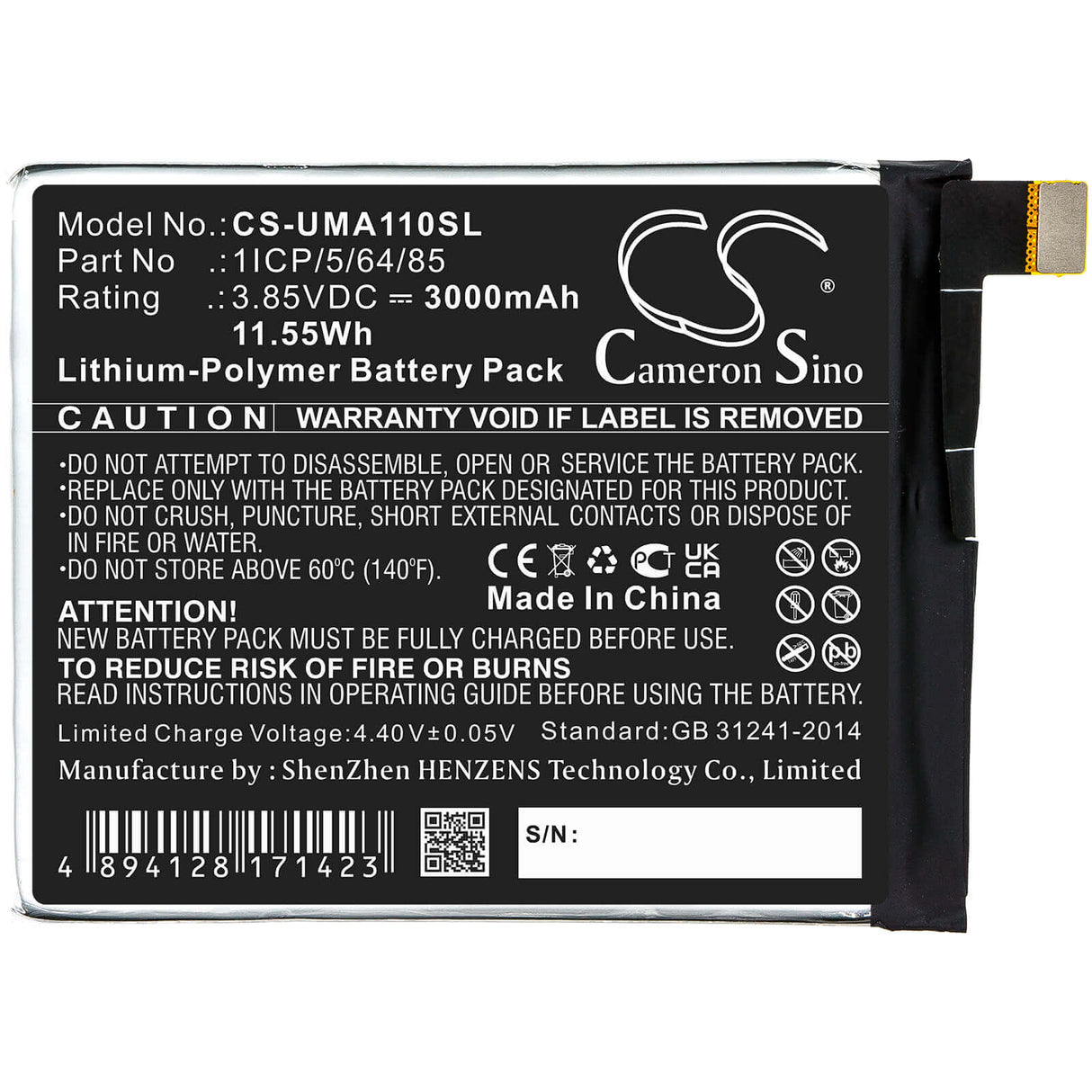 3.85V, Li-Polymer, 3000mAh, SmartPhone battery fits Umi, 1icp/5/64/85, Umidigi A1 Pro, 11.55Wh Mobile, SmartPhone Cameron Sino Technology Limited (Smartphone)