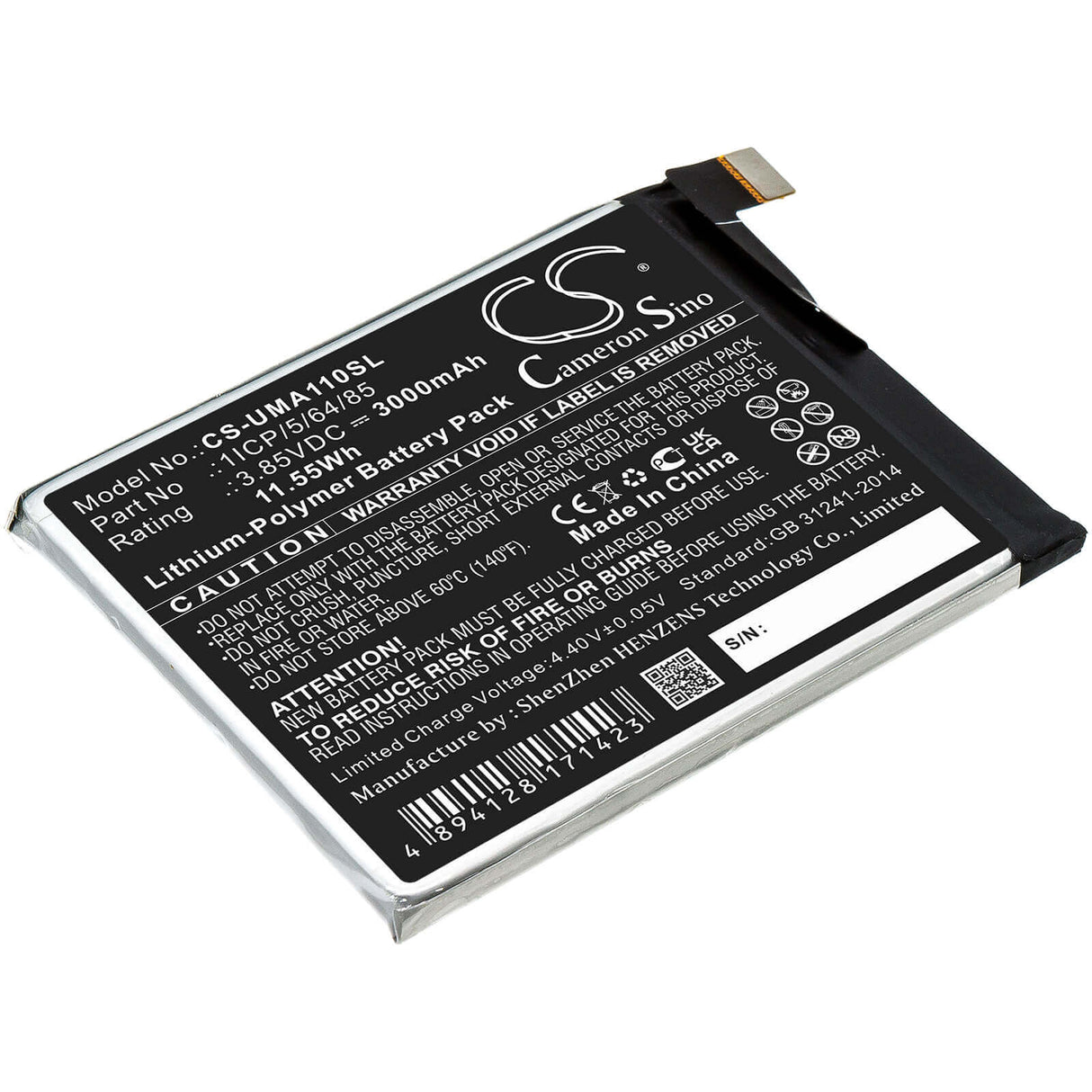 3.85V, Li-Polymer, 3000mAh, SmartPhone battery fits Umi, 1icp/5/64/85, Umidigi A1 Pro, 11.55Wh Mobile, SmartPhone Cameron Sino Technology Limited (Smartphone)