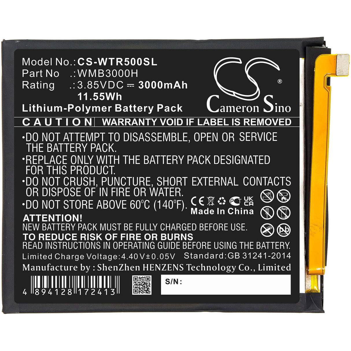3,85V, Li-Polymère, 3000mAh, batterie de smartphone compatible avec Walton, Wmb3000h, Primo R5, 11,55Wh Mobile, Smartphone Cameron Sino Technology Limited (Smartphone)
