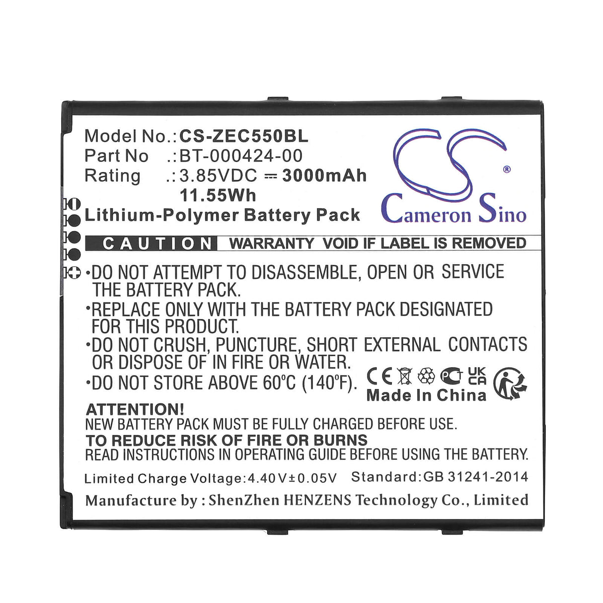3,85v, Li-polymère, 3000mah, Batterie de Scanner de Code-Barres Compatible avec Zebra, Ec50, Ec55, 11,55wh Scanner de Code-Barres Cameron Sino Technology Limited