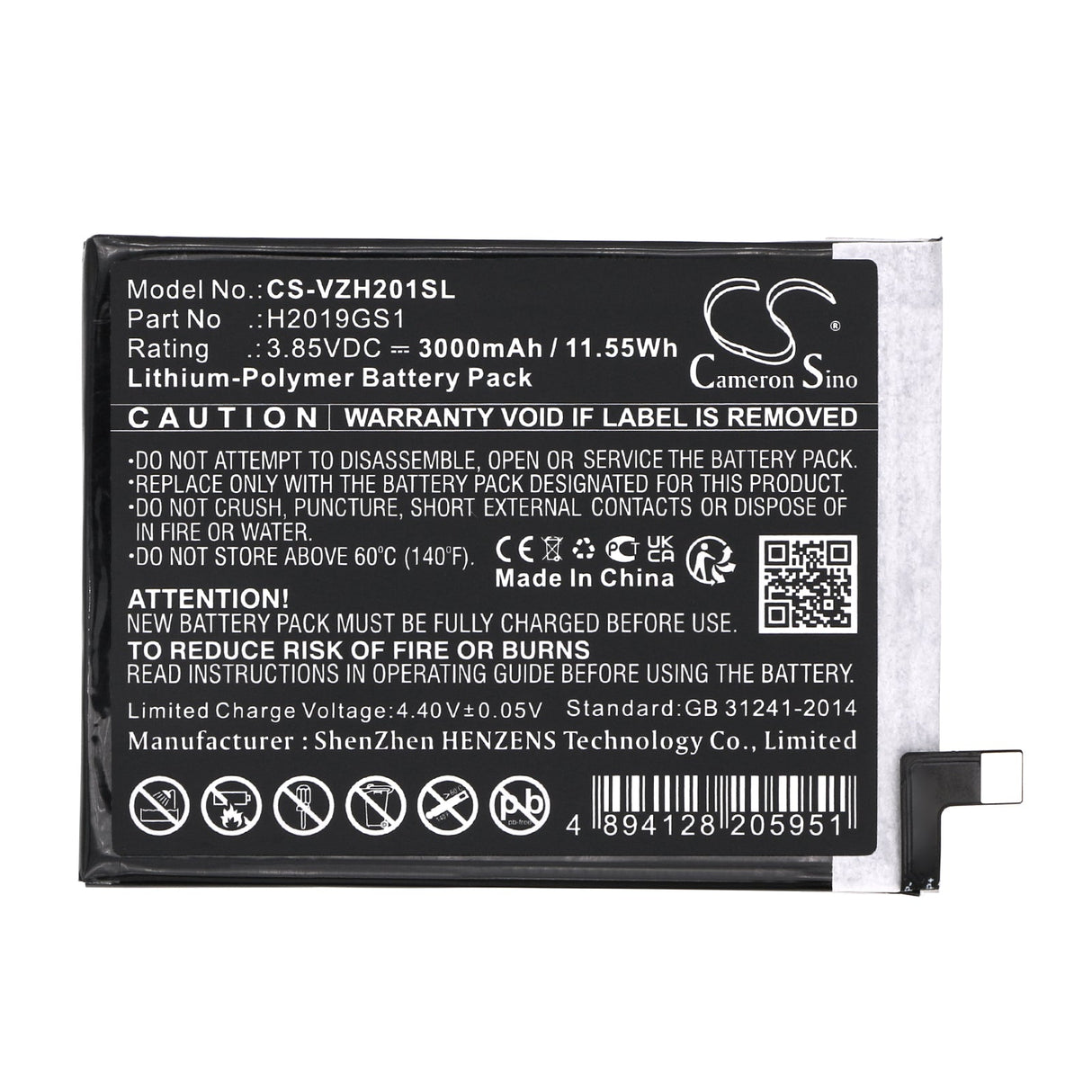3.85V, Li-Polymer, 3000mAh, SmartPhone battery fits Verizon, H2019gs1, H2019gs1, Hot Pepper Ghost, 11.55Wh Mobile, SmartPhone Cameron Sino Technology Limited (Smartphone)
