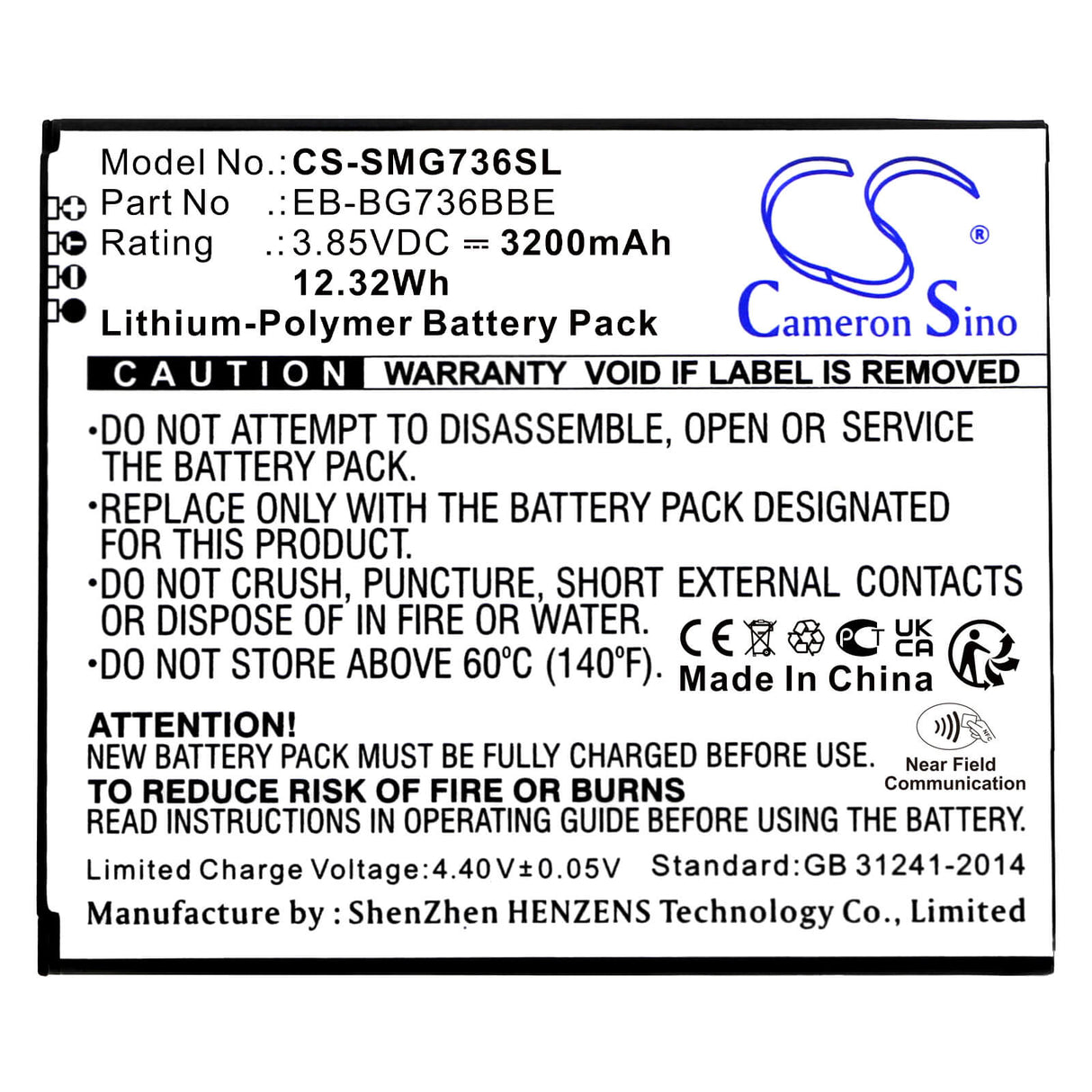 3.85V, Li-Polymer, 3200mAh, SmartPhone battery fits Samsung, Eb-bg736bbe, Galaxy Xcover 6 Pro, Sm-g736b, 12.32Wh Mobile, SmartPhone Cameron Sino Technology Limited (Smartphone)