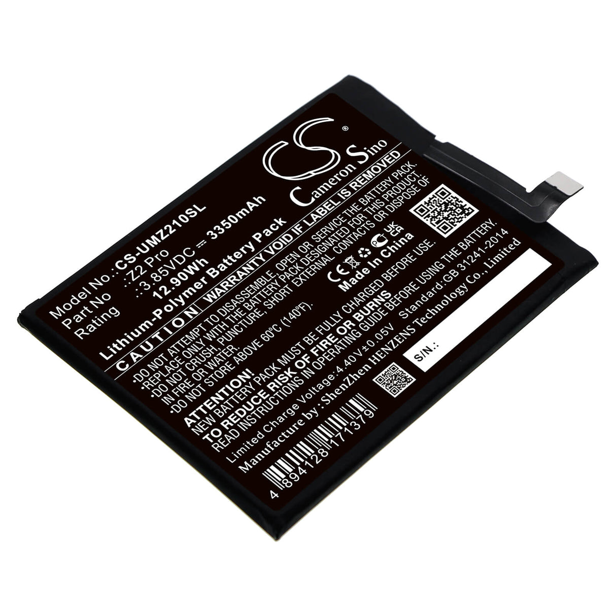 3.85V, Li-Polymer, 3350mAh, SmartPhone battery fits Umi, Z2 Pro, Umidigi Z2 Pro, 12.9Wh Mobile, SmartPhone Cameron Sino Technology Limited (Smartphone)