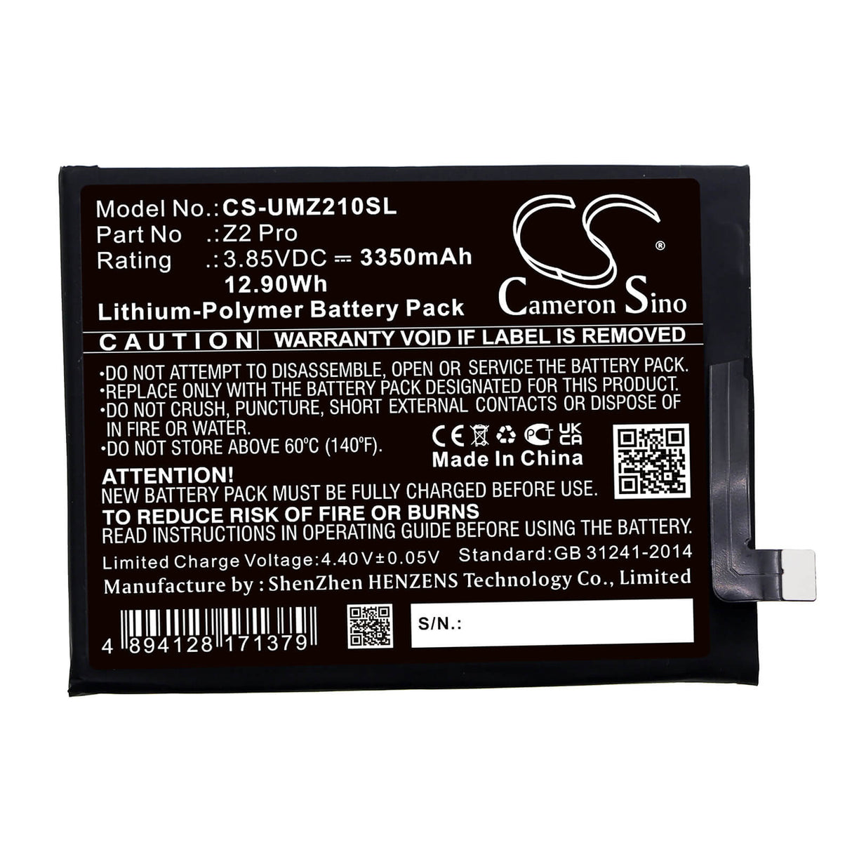 3.85V, Li-Polymer, 3350mAh, SmartPhone battery fits Umi, Z2 Pro, Umidigi Z2 Pro, 12.9Wh Mobile, SmartPhone Cameron Sino Technology Limited (Smartphone)