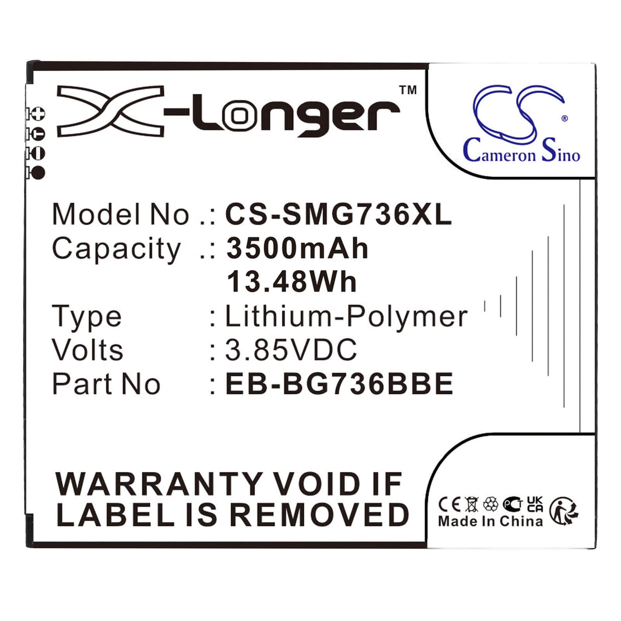 3.85V, Li-Polymer, 3500mAh, SmartPhone battery fits Samsung, Eb-bg736bbe, Galaxy Xcover 6 Pro, Sm-g736b, 13.48Wh Mobile, SmartPhone Cameron Sino Technology Limited (Smartphone)