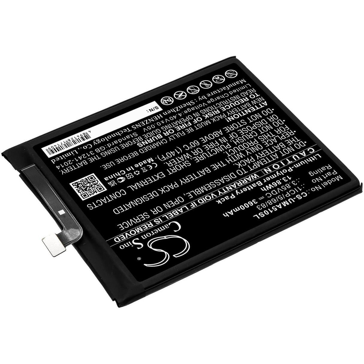 3.85V, Li-Polymer, 3600mAh, SmartPhone battery fits Umi, 1icp/5/68/83, Umidigi A5 Pro, 13.86Wh Mobile, SmartPhone Cameron Sino Technology Limited (Smartphone)