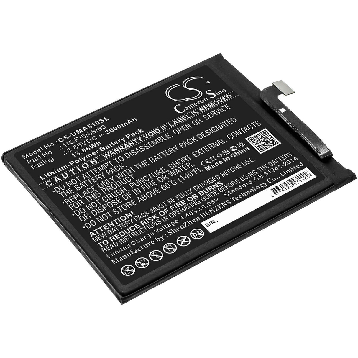 3.85V, Li-Polymer, 3600mAh, SmartPhone battery fits Umi, 1icp/5/68/83, Umidigi A5 Pro, 13.86Wh Mobile, SmartPhone Cameron Sino Technology Limited (Smartphone)