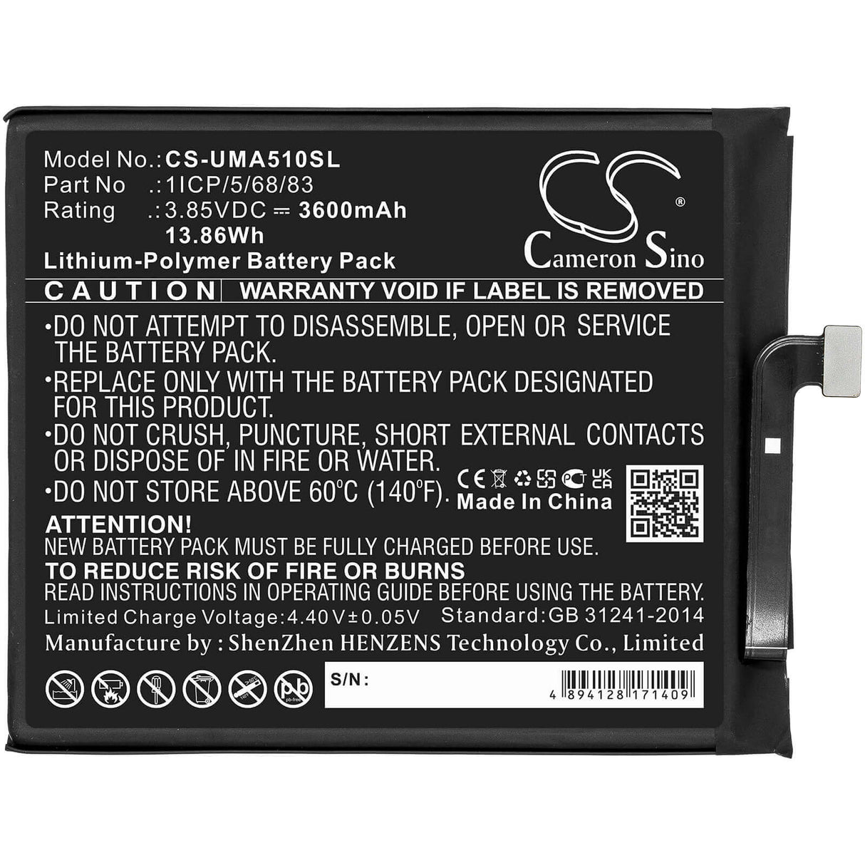 3.85V, Li-Polymer, 3600mAh, SmartPhone battery fits Umi, 1icp/5/68/83, Umidigi A5 Pro, 13.86Wh Mobile, SmartPhone Cameron Sino Technology Limited (Smartphone)