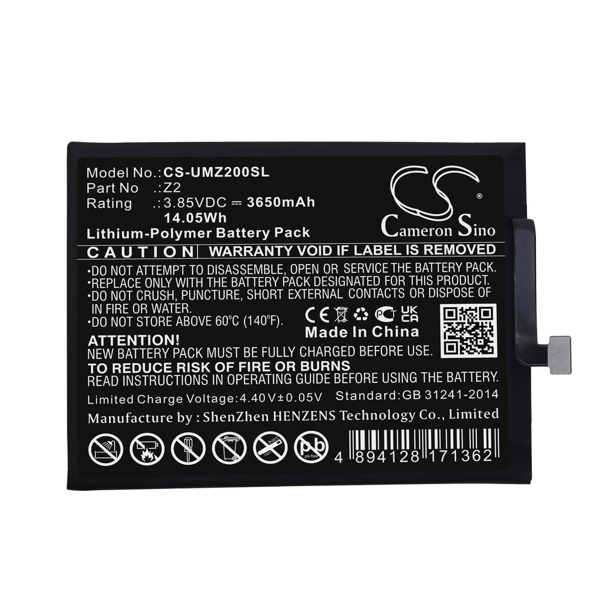 3.85V, Li-Polymer, 3650mAh, SmartPhone battery fits Umi, Z2, Umidigi Z2, 14.05Wh Mobile, SmartPhone Cameron Sino Technology Limited (Smartphone)