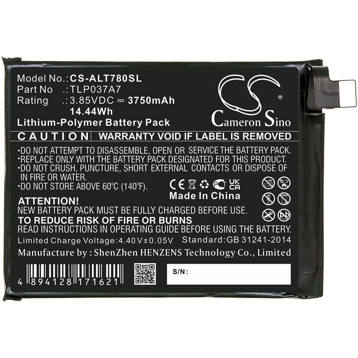3.85V, Li-Polymer, 3750mAh, SmartPhone battery fits Alcatel, Tlp037a7, Plex, T780h, 14.44Wh Mobile, SmartPhone Cameron Sino Technology Limited (Smartphone)