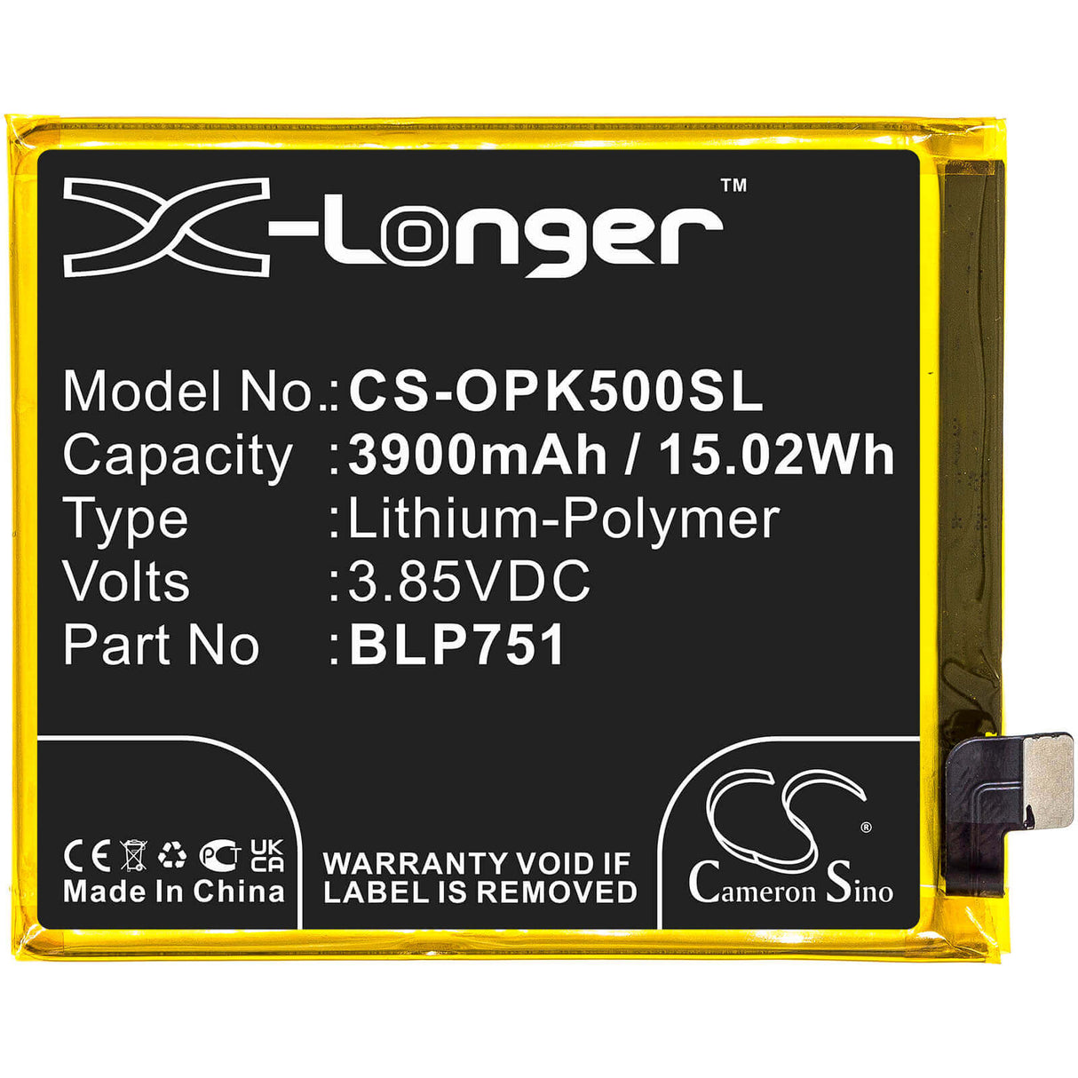 3.85V, Li-Polymer, 3900mAh, SmartPhone battery fits Oppo, Blp751, K5, Pcnm00, 15.02Wh Mobile, SmartPhone Cameron Sino Technology Limited (Smartphone)